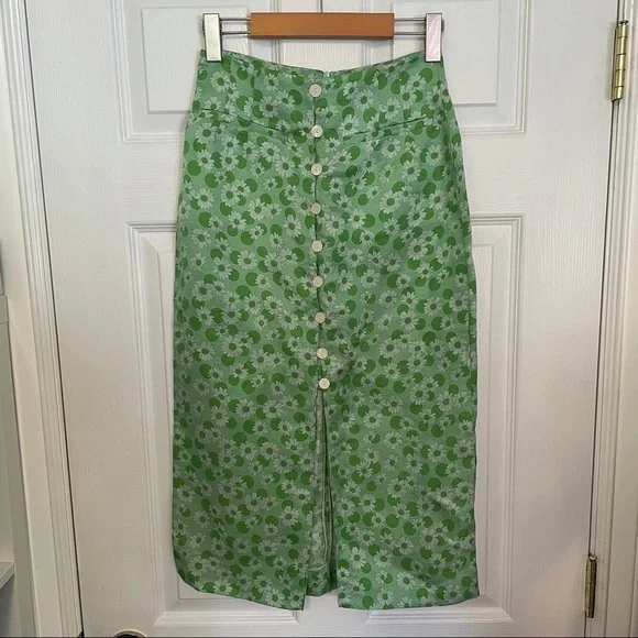 𝅺SANDRO Paris Silk & Linen Green Long Floral Print Botton Skirt with slit 0 - Picture 4 of 12